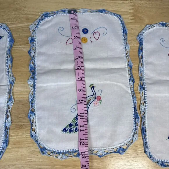 VTG Embroidered White Dresser Scarf Table Peacock Bird Flowers 39x14 Set Of 4 - Picture 13 of 16